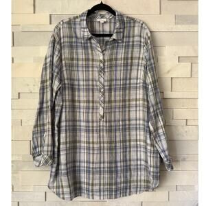 J JILL LOVELINEN NWOT Plaid Popover Tunic Top Green Blue Plaid L Coastal Cowgirl